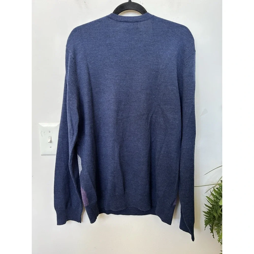 Banana Republic 100% Merino Wool Argyle Sweater L Navy V-Neck Preppy Academia